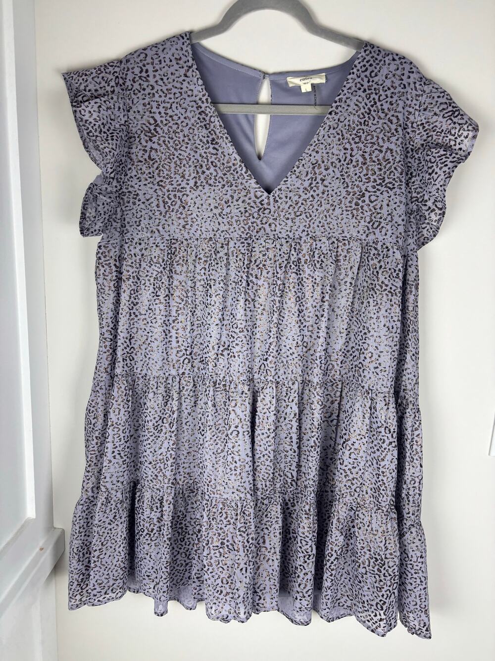 Entro Dress Womens L Lavender Metallic Leopard Print Tiered Babydoll Ruffle